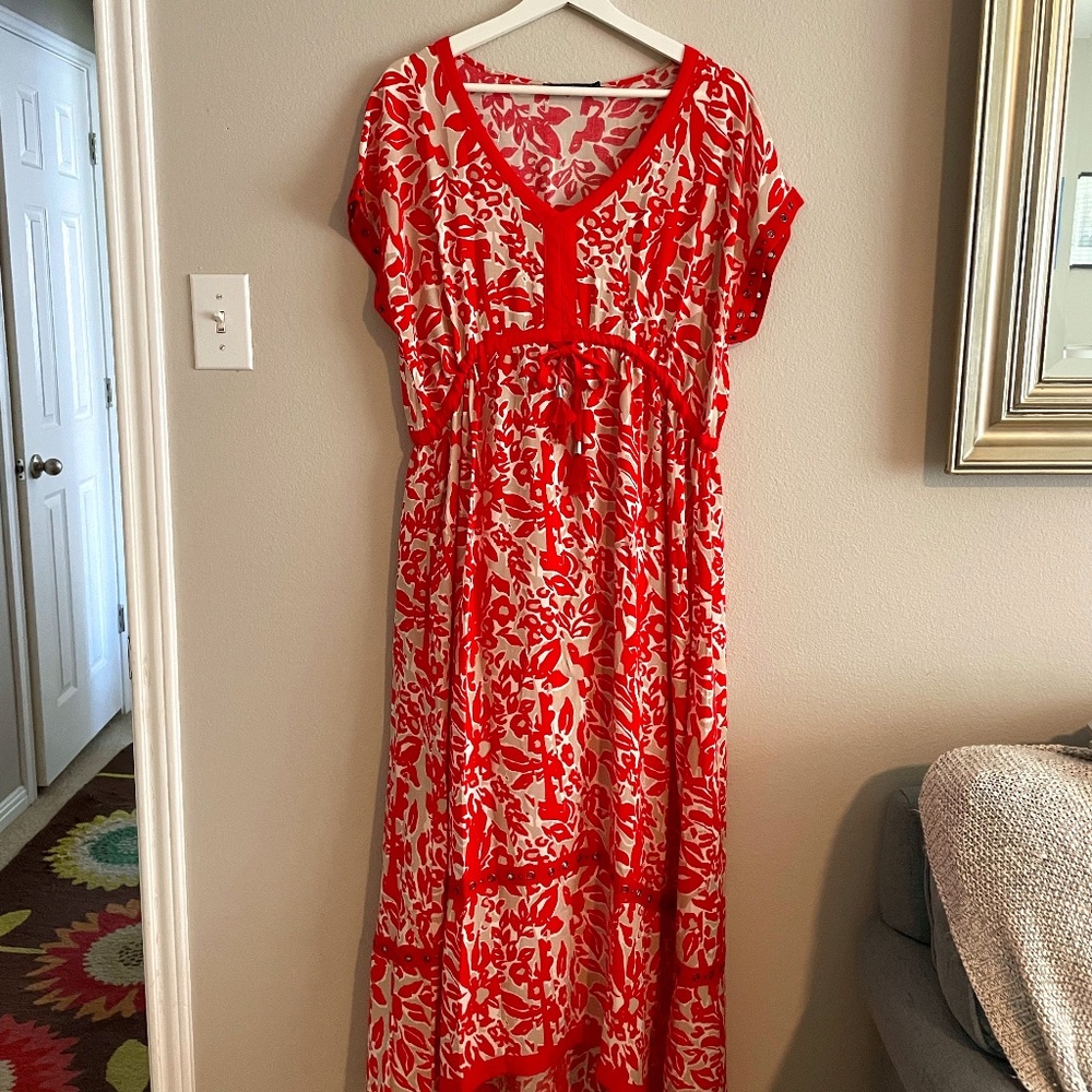 Red and cream floral dress